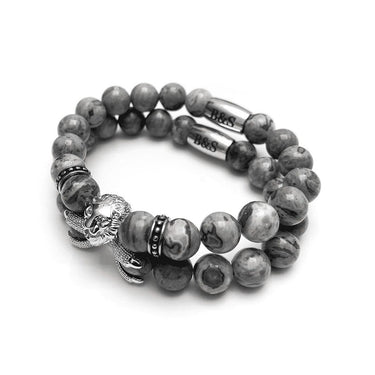 Man Bracelets - Men’s Beaded Bracelets - White Gold Lion & Grey Stones Set - Men’s Bracelet Bracelet Brother & Sisters